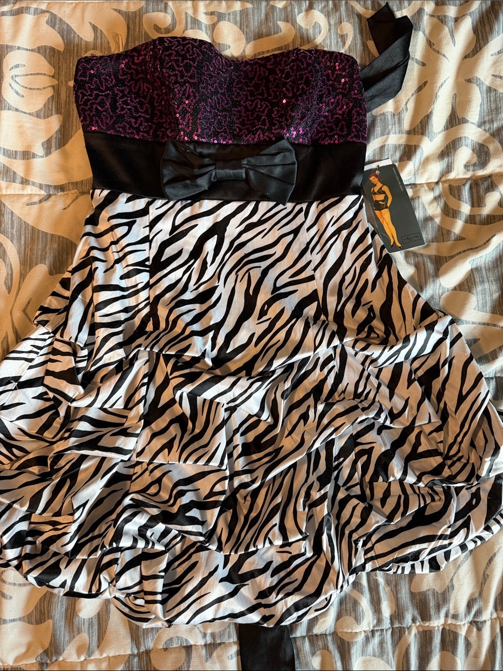 Strapless Zebra Print Party Skirt with Purple Sequin Bodice. Juniors sz 11. NWT